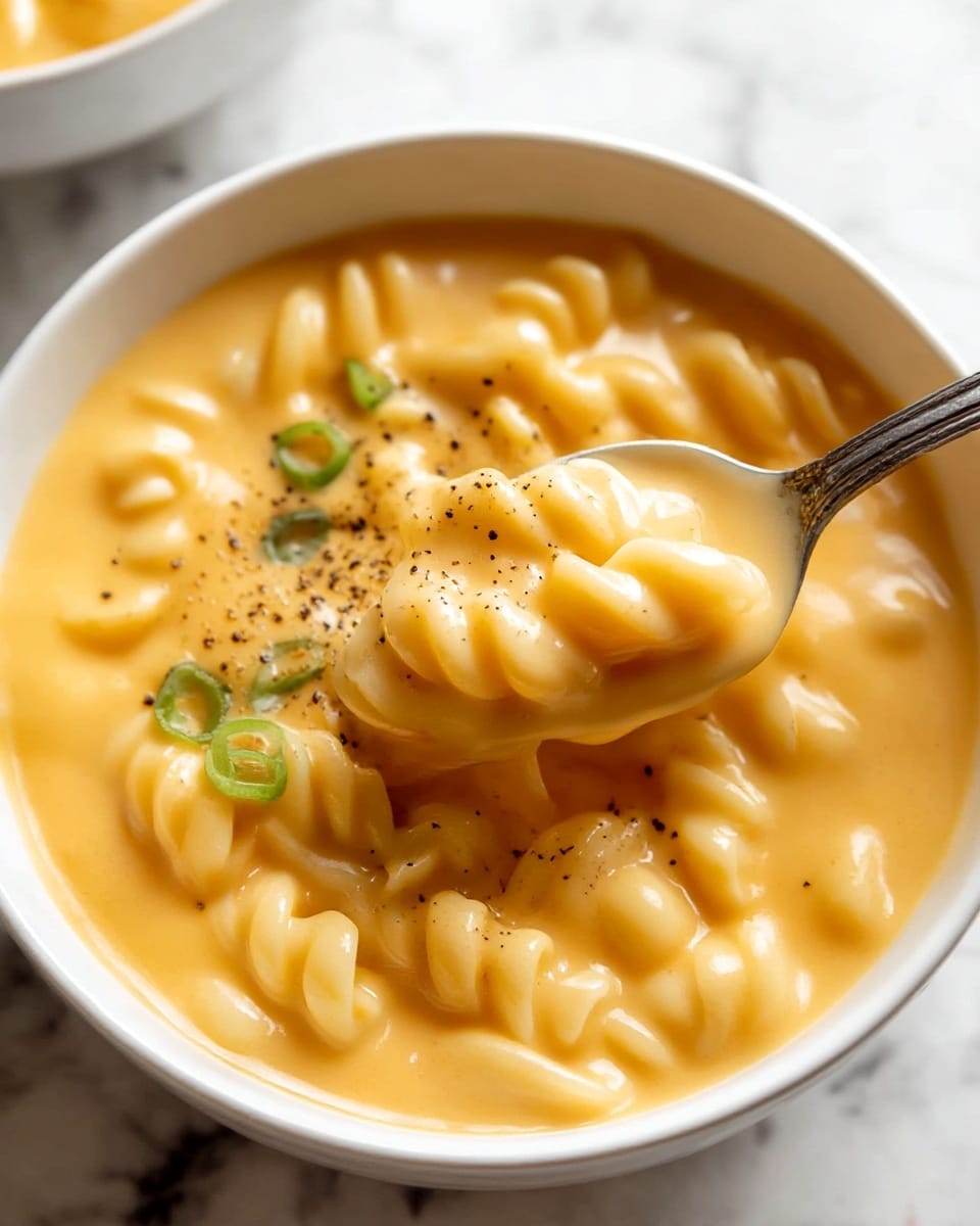 A close-up view of creamy orange macaroni and cheese soup in a white bowl, with smooth, thick cheese sauce covering spiral pasta. Small green onion slices float on top, sprinkled with coarse black pepper, adding a touch of contrast. A silver spoon inside the bowl lifts a scoop of the cheesy pasta, showing its soft, gooey texture against the rich sauce. The background features a white marbled texture. Photo taken with an iphone --ar 4:5 --v 7