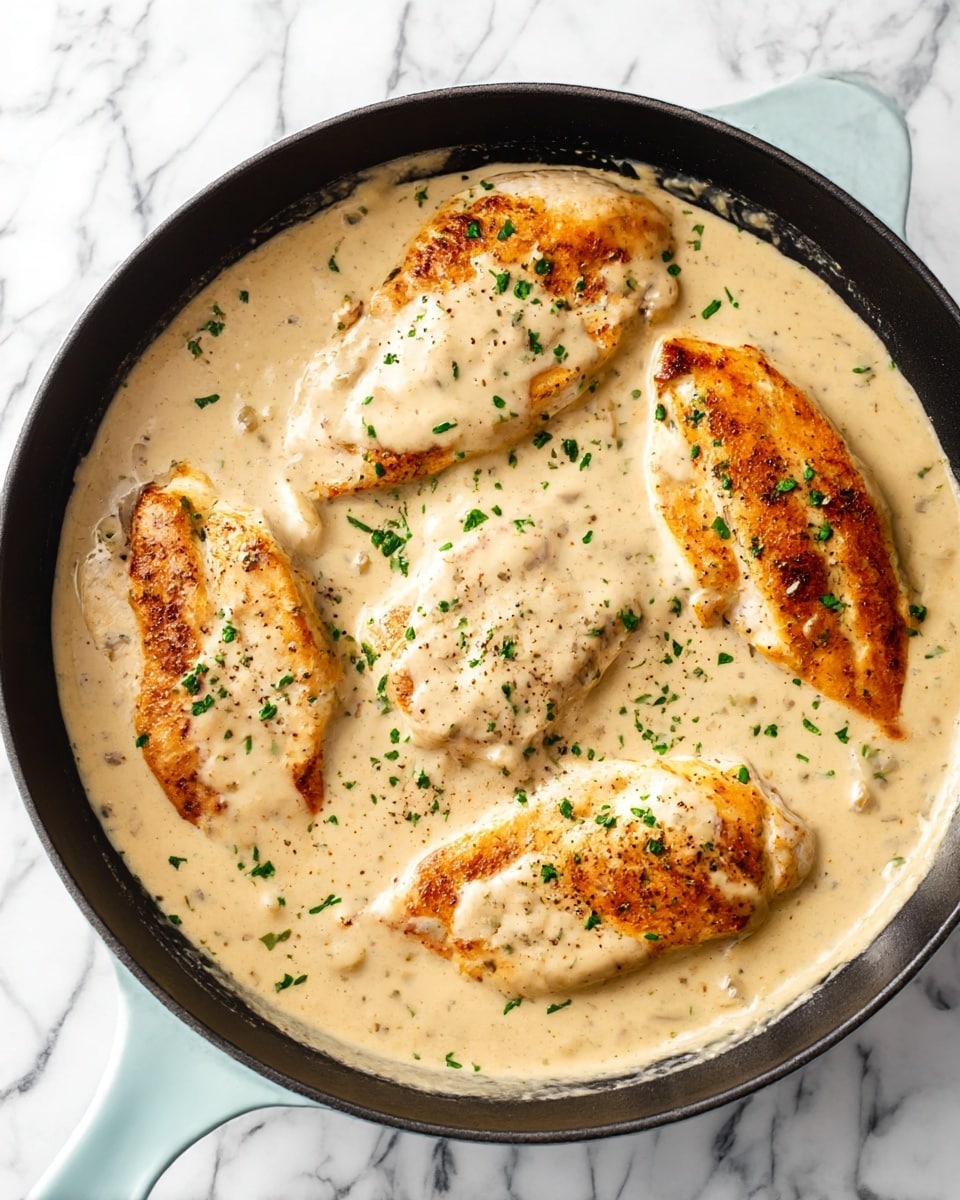 The image shows a black skillet with four golden-brown grilled chicken breasts partly covered with a thick, creamy beige sauce. The sauce has a smooth texture with small bits, and it coats the pan bottom and surrounds the chicken evenly. The chicken is sprinkled with finely chopped green herbs and a light dusting of black pepper, adding color contrast. The skillet sits on a white marbled surface, and the pan handle is a soft light blue. photo taken with an iphone --ar 4:5 --v 7