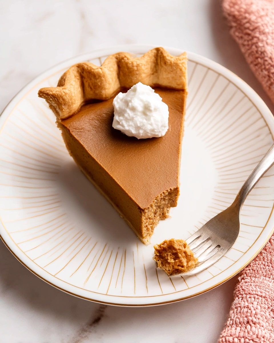 A single slice of pumpkin pie with a thick, smooth, light brown filling sits on a white plate with thin gold lines radiating out. The pie has a golden-brown, slightly crispy crust with a flared edge that is higher on the right side. On top of the filling, near the back center, there is a small dollop of fluffy, white whipped cream. A small silver fork with some pie filling on its tines rests on the right side of the plate. The plate is placed on a white marbled surface with hints of a pink and white woven cloth in the bottom right corner. photo taken with an iphone --ar 4:5 --v 7