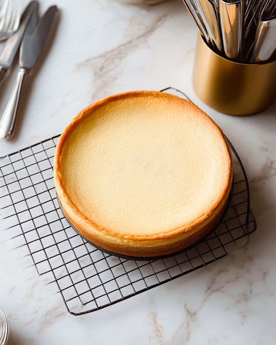 A single-layer round cheesecake sits on a black cooling rack. The cheesecake is smooth and creamy light yellow on top, with a golden-brown edge crust that frames it neatly. The background is a white marbled surface with soft grey veining. To the left, there are silver utensils including a knife and fork, and in the upper right, a round gold metallic container holds silver knives standing upright. The lighting is natural, highlighting the gentle texture and colors of the cheesecake. Photo taken with an iphone --ar 4:5 --v 7