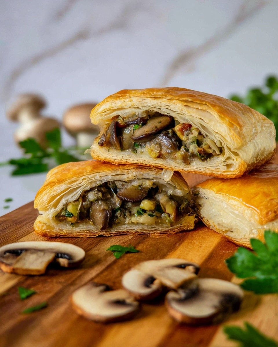 The image shows a close-up of a flaky puff pastry cut in half and stacked, revealing two layers inside filled with cooked mushrooms mixed with herbs and small bits of other vegetables, colors ranging from light brown to dark brown with green flecks. The puff pastry outer layer is golden brown and crisp, with delicate, thin, flaky layers visible around the edges. In the foreground, there are additional pieces of the same pastry with mushroom filling, slightly blurred, and small mushroom slices scattered on a wooden cutting board with natural grain. Fresh green parsley leaves add a touch of color near the pastries. The background is a white marbled texture. photo taken with an iphone --ar 4:5 --v 7
