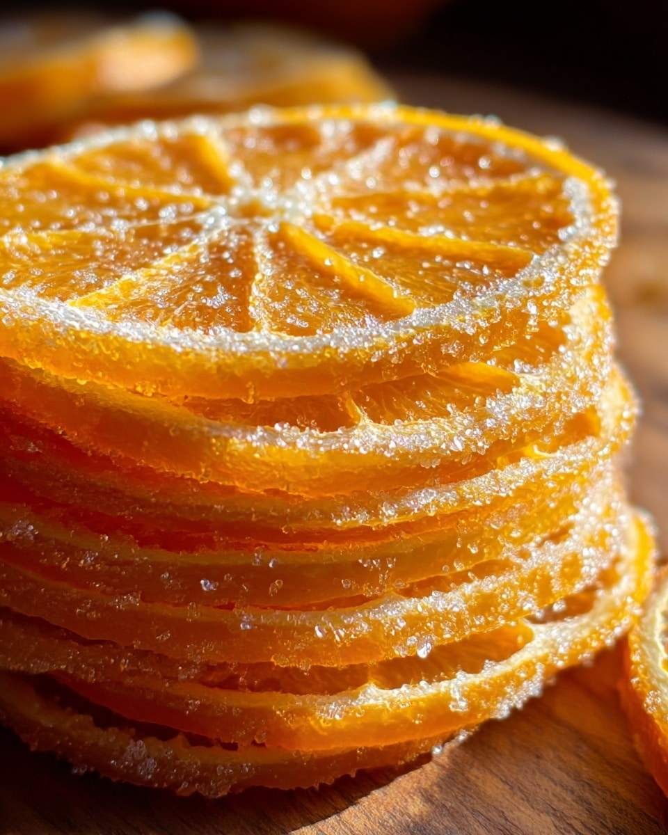 A close-up view of a stack of thin orange slices coated with granulated sugar, showing around eight vibrant golden-orange layers. The slices have a translucent texture with visible citrus segments and edges covered in sparkling sugar crystals. The stack sits on a wooden surface, with soft warm lighting highlighting the glossy, sugary texture and giving the orange color a rich, juicy glow. Photo taken with an iphone --ar 4:5 --v 7