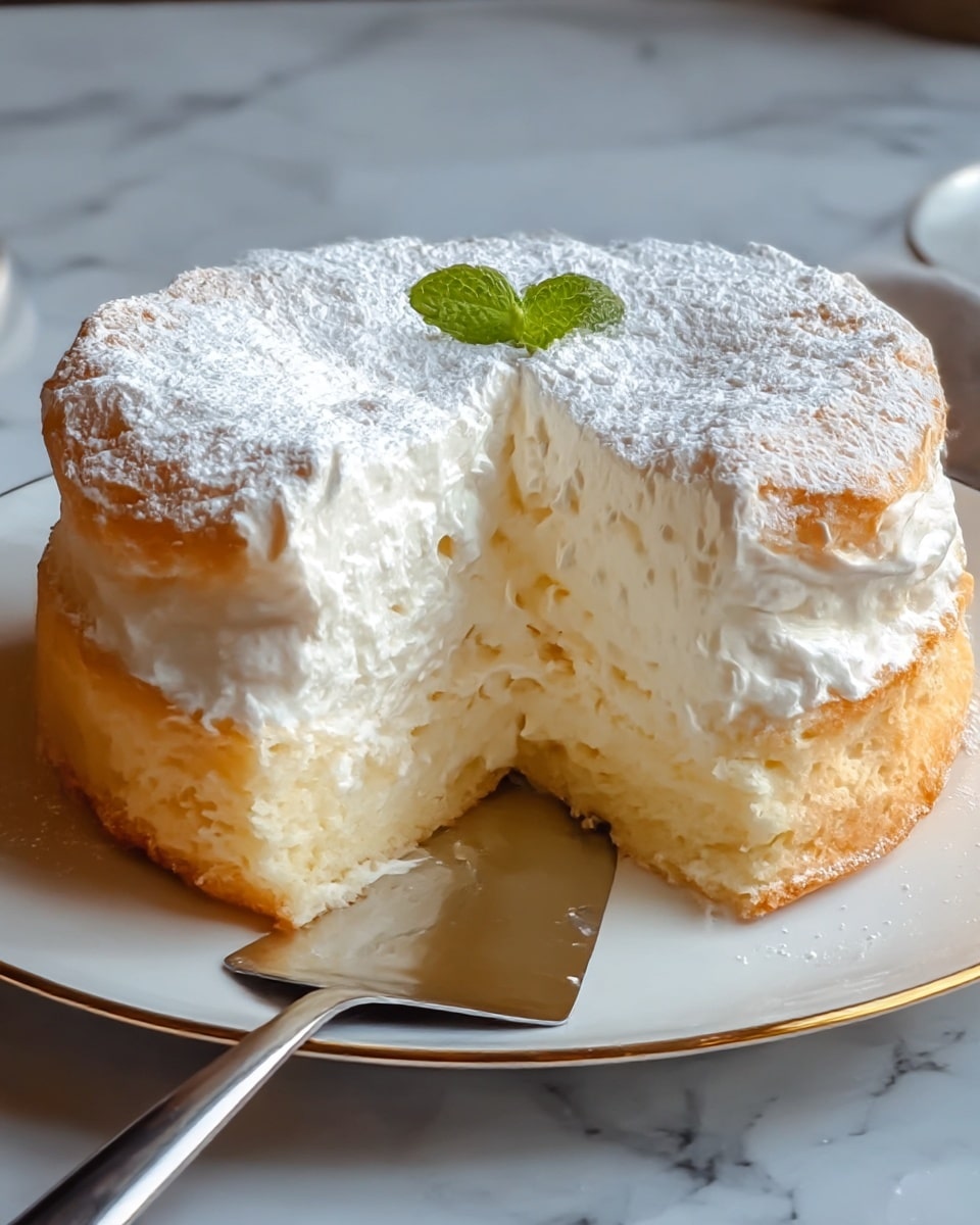 A round cake with two main layers sits on a white plate with a gold rim. The bottom layer is a light golden-brown fluffy sponge, while the thick top layer is white, whipped cream with a soft and airy texture. The cake is dusted lightly with powdered sugar, giving it a snowy look. A small green mint leaf decoration rests on top in the center. A silver cake server is placed under the front of the cake where a slice has been removed, revealing the creamy, airy inside and the cake’s soft texture. The scene is set on a white marbled surface. Photo taken with an iphone --ar 4:5 --v 7