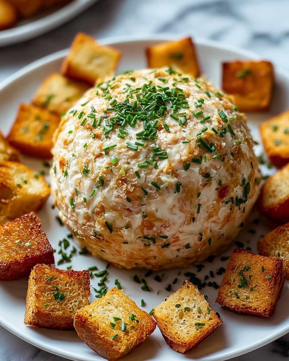 A round, creamy cheese ball with a lightly golden-brown crust covered in finely chopped green chives sits in the center of a white plate. Surrounding the cheese ball are small toasted bread cubes with a golden-brown color and a slightly crunchy texture, garnished with bits of green herbs. The plate is placed on a white marbled surface that adds a clean and elegant look to the presentation. The overall colors include warm browns and creamy whites with fresh green highlights. photo taken with an iphone --ar 4:5 --v 7