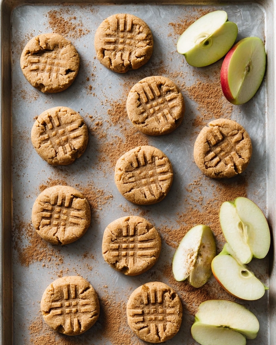 A baking tray with a white marbled texture holds eleven round, cracked peanut butter cookies arranged in scattered rows. Each cookie has a golden-brown color with a smooth, slightly shiny surface and distinctive fork marks pressed into the center. Around the cookies, light brown cinnamon powder is sprinkled unevenly. Three green and red apple slices with visible seeds and fresh white flesh are placed on the right side of the tray. The photo is taken from above with an iphone --ar 4:5 --v 7
