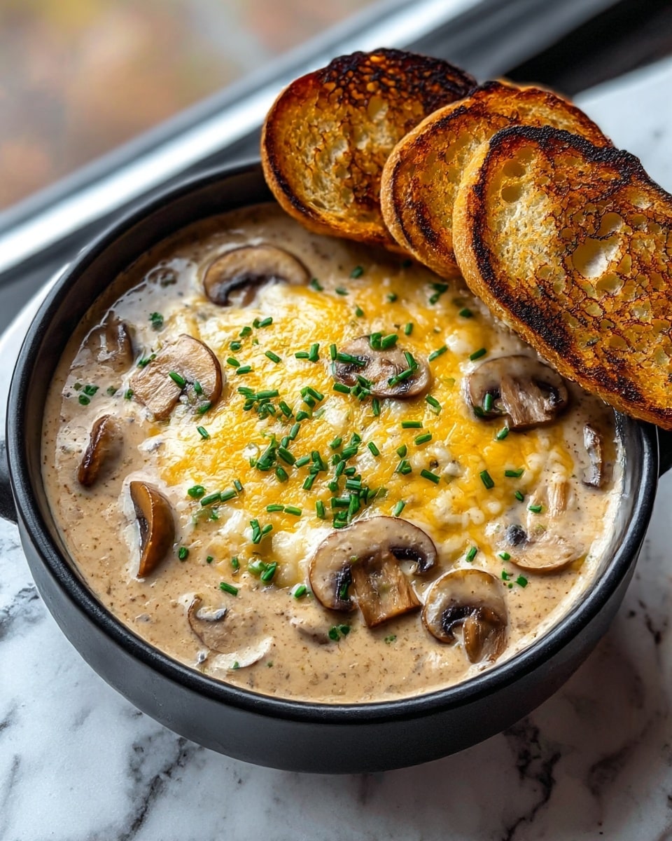 A black bowl filled with creamy mushroom soup that has a smooth light brown base with visible mushroom slices throughout. On top, there is a thick layer of melted, golden-browned cheese sprinkled with small pieces of green chives. Around the edges of the soup, more mushroom slices are scattered, adding texture. Resting on one side of the bowl are three slices of toasted, crunchy bread with a charred golden crust. The bowl is placed on a surface with a white marbled texture, and the background shows a blurred window view. photo taken with an iphone --ar 4:5 --v 7