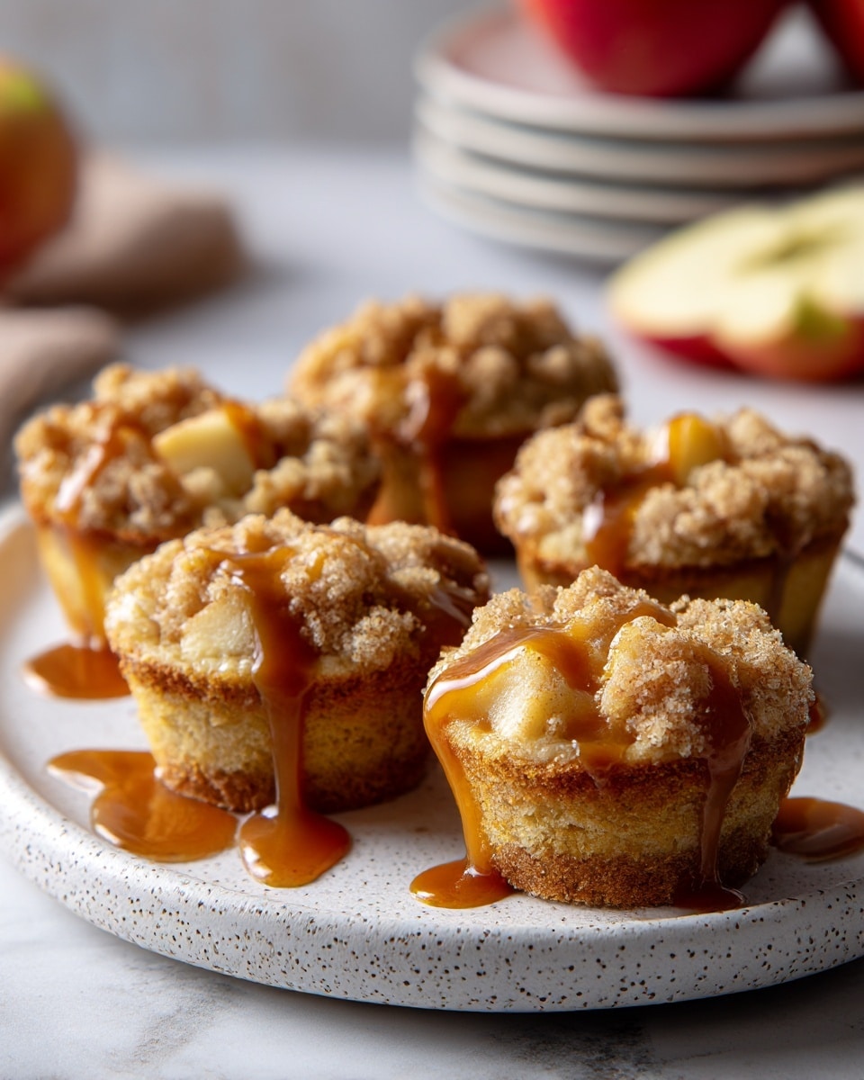 Five mini apple crumb muffins are arranged on a white plate with a speckled texture, placed on a white marbled surface. Each muffin has a bottom crust layer in a golden-brown crumbly texture, topped with soft apple chunks peeking through a thick, crumbly streusel layer in light brown. Rich caramel sauce drizzles over the muffins, pooling in small puddles on the plate. Blurred apples and a stack of white plates are in the soft-focus background, giving a cozy kitchen feel. photo taken with an iphone --ar 4:5 --v 7
