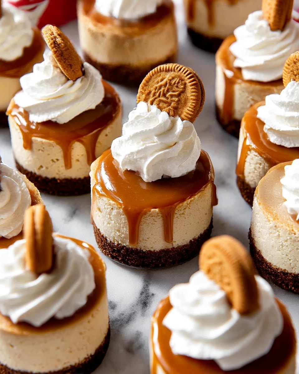The image shows several mini cheesecakes arranged closely together on a white marbled surface. Each cheesecake has three main layers: a dark brown crumbly base, a thick creamy beige middle layer, and a glossy caramel-colored top layer that drips slightly over the edges. Some cheesecakes are topped with a fluffy swirl of white whipped cream, while others have both the whipped cream and a small, round, golden-brown cookie inserted at an angle into the whipped cream. The whole scene is bright and clear, making the textures and colors of the cheesecakes stand out. Photo taken with an iphone --ar 4:5 --v 7