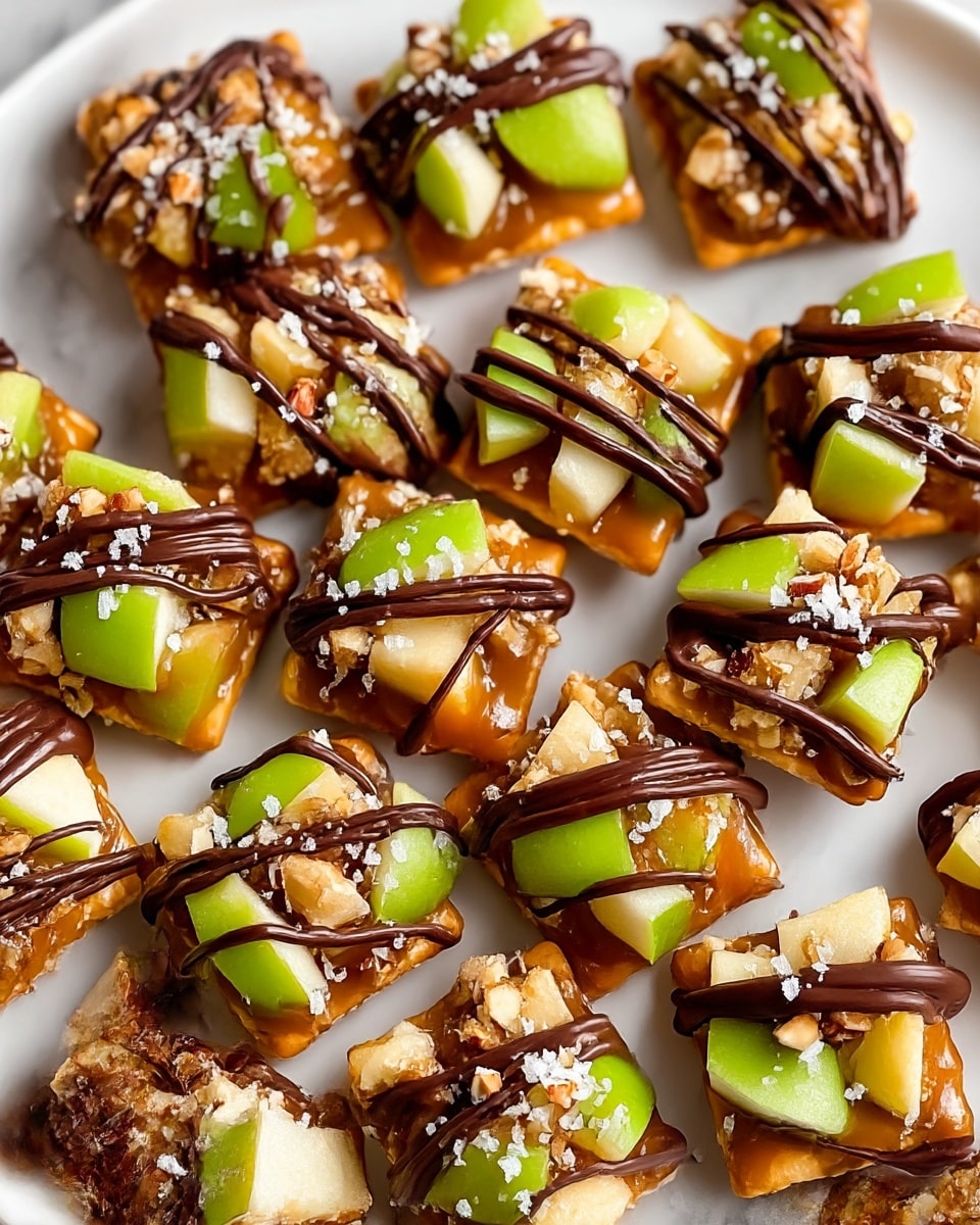 This image shows a white plate filled with small treats made by layering square saltine crackers at the bottom, covered by a sticky golden caramel layer, topped with fresh green apple chunks that look juicy and crisp. Each treat is finished with dark brown chocolate drizzled in thin lines over the top, and small pieces of crushed nuts and coarse white salt sprinkles scattered across for texture. The treats are arranged close together on a white marbled surface. photo taken with an iphone --ar 4:5 --v 7
