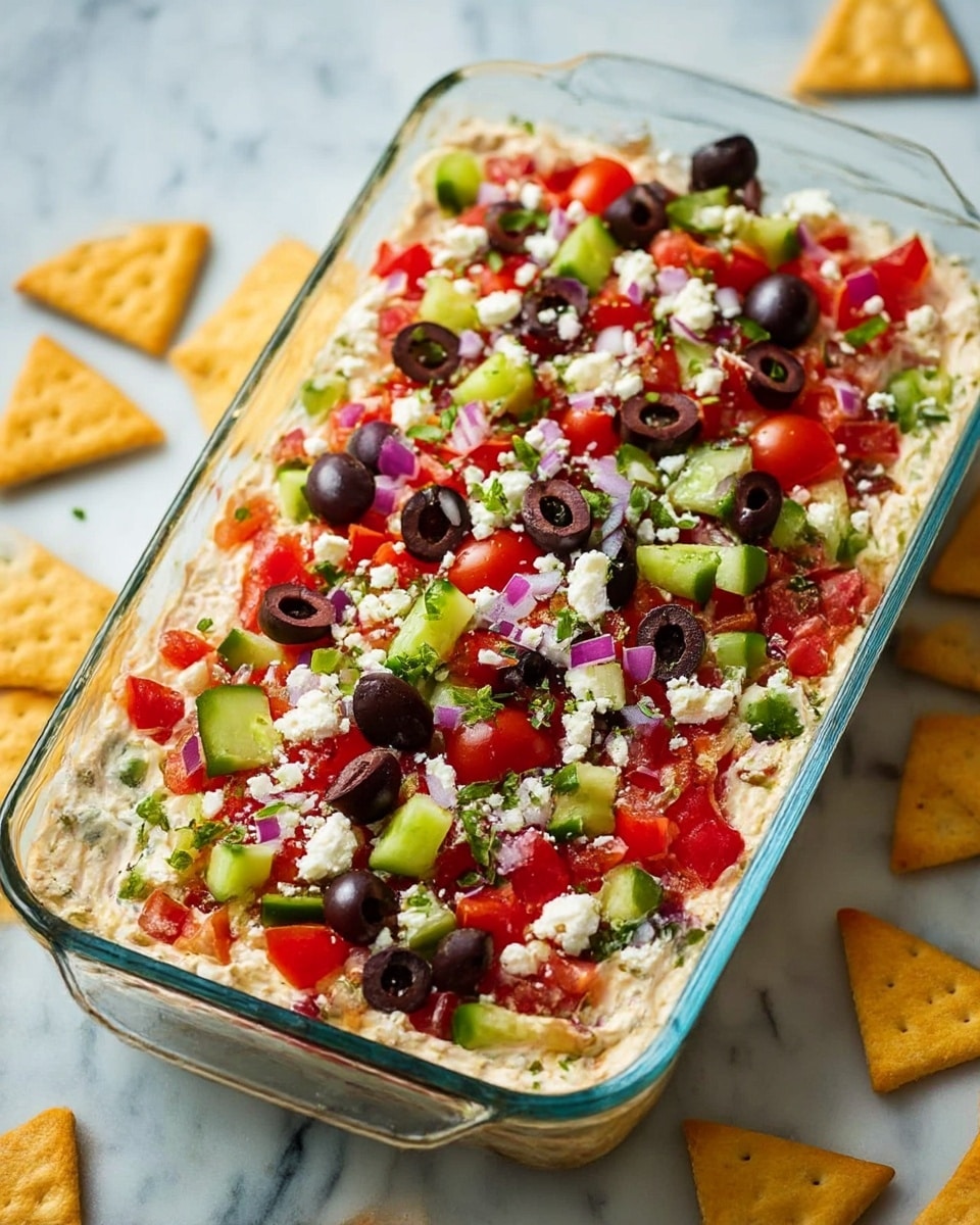 A rectangular clear glass dish filled with a colorful layered dip. The bottom layer is creamy and light beige, topped with chopped red tomatoes and small green cucumber pieces scattered evenly. Next, there are slices of black olives and small chunks of white feta cheese spread across. Small bits of finely chopped purple onions and fresh green herbs are sprinkled on top, creating a bright and fresh look. The dish sits on a white marbled surface with triangle-shaped golden crackers placed around it. Photo taken with an iphone --ar 4:5 --v 7