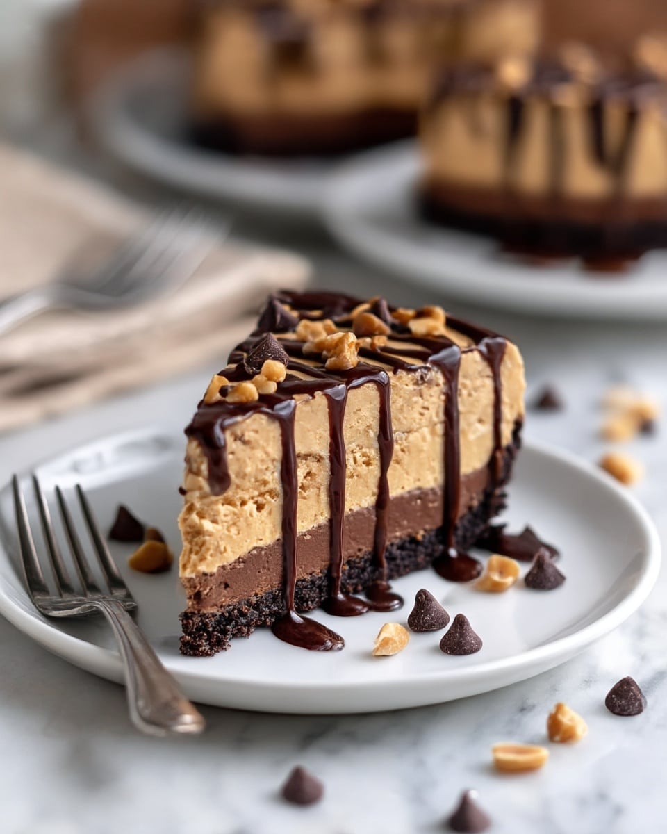 A slice of layered dessert with two thick layers of light brown peanut butter filling and two thinner layers of dark brown chocolate cake in between, all sitting on a dark chocolate crumb crust base. The top is decorated with drizzles of glossy dark chocolate sauce running down the sides, sprinkled with small chocolate chips and tiny chopped nuts. The slice is on a white plate with scattered chocolate chips and nuts around it, accompanied by a silver fork on the left side. In the background, the rest of the dessert is visible on a white plate, all set on a white marbled texture surface. photo taken with an iphone --ar 4:5 --v 7