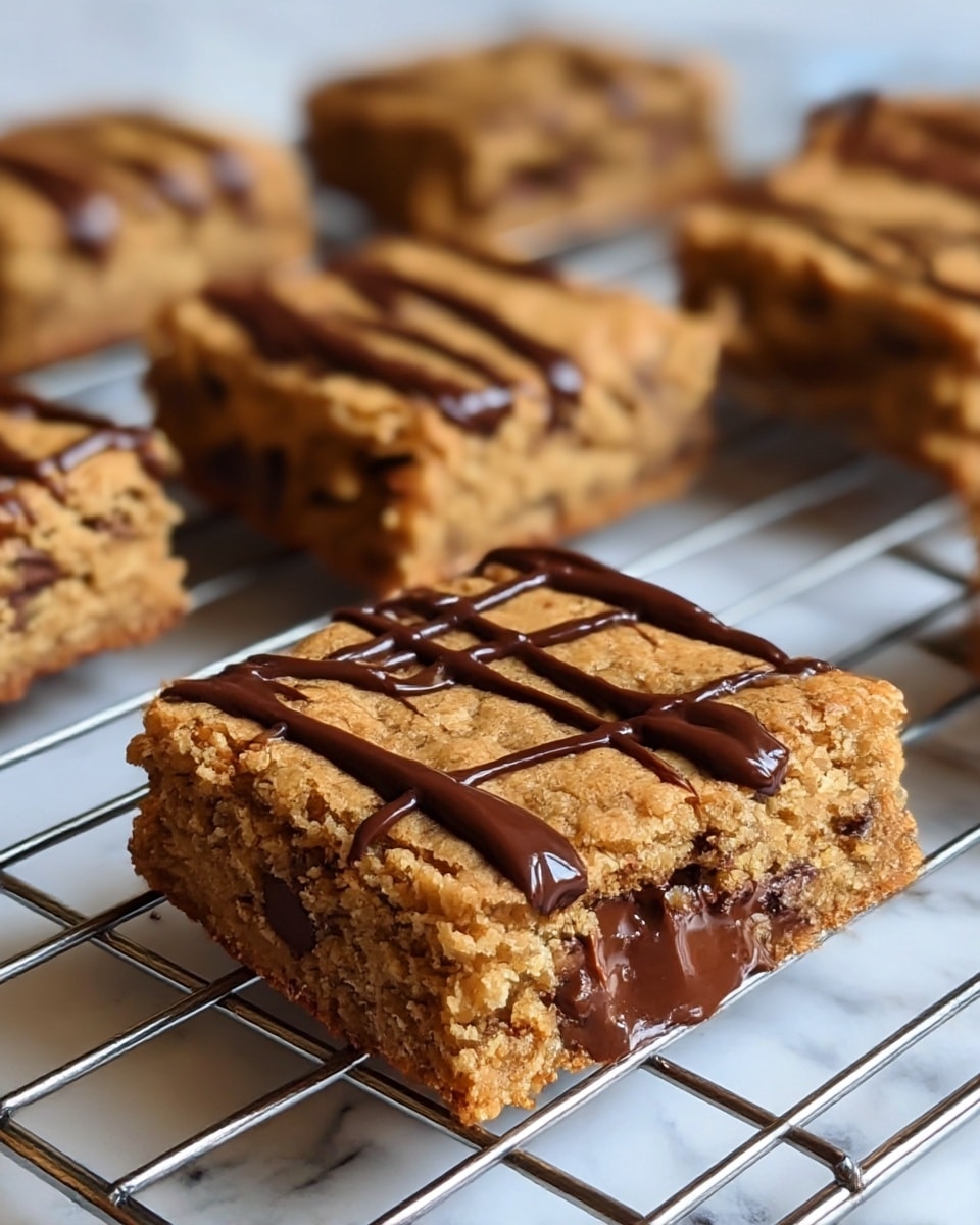 The image shows several square-shaped blondie bars with a rough, crumbly texture on the edges and a soft, gooey inside filled with melted dark chocolate chunks. Each blondie has three smooth stripes of glossy dark chocolate drizzled on top, adding shine and contrast. The bars are arranged on a cooling rack, with one blondie piece in the front clearly showing its interior with melted chocolate, while others are blurred in the background. The entire scene is set on a white marbled surface. photo taken with an iphone --ar 4:5 --v 7