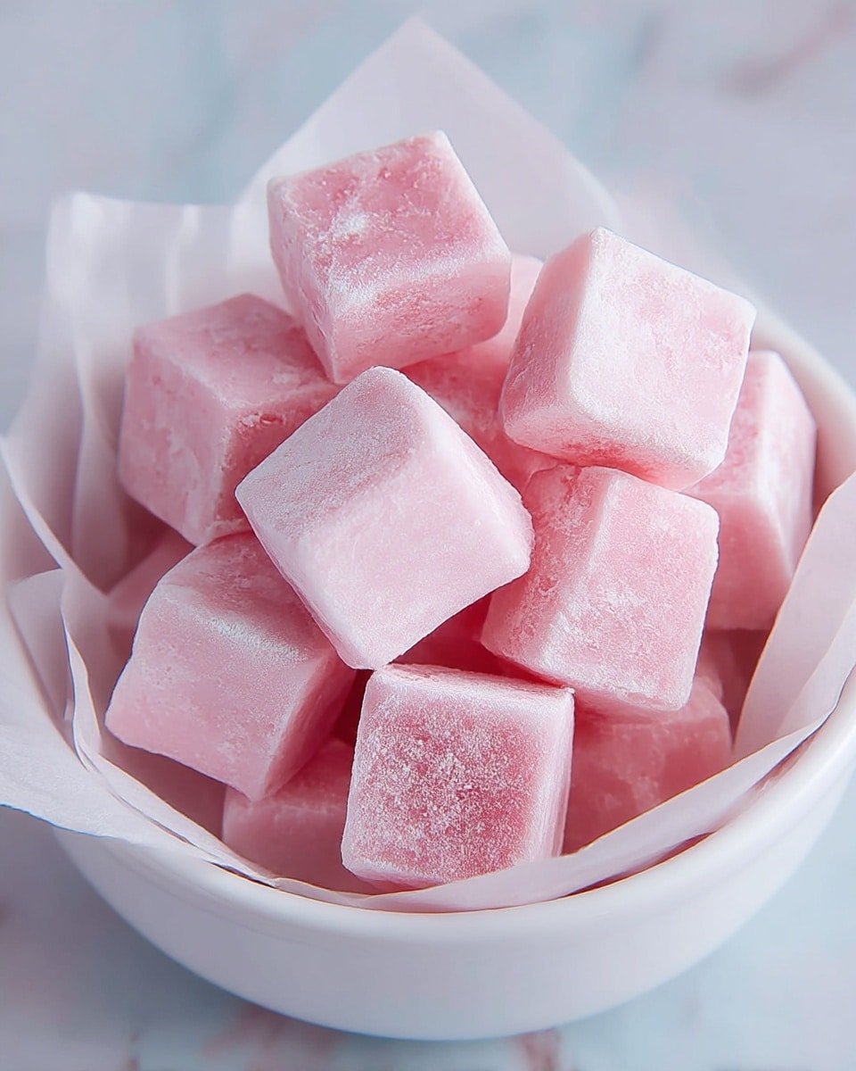 A white bowl filled with soft, square pink candies, each having a smooth texture with a light powdery coating on some pieces, stacked tightly together inside the bowl lined with white parchment paper. The background is a white marbled texture with a light and clean look, highlighting the pastel pink color of the candies. photo taken with an iphone --ar 4:5 --v 7
