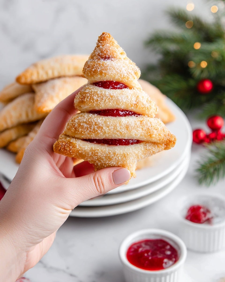 A close-up of a woman's hand holding a golden brown, tree-shaped pastry with a crispy crust sprinkled with coarse sugar on top; the pastry has three red slits showing the cherry filling inside. It is held above a stack of three white plates on a white marbled surface. In the background, a white plate holds several more pastries, and to the right, a white ramekin filled with bright red cherry sauce sits next to some green pine needles and red holiday decorations. photo taken with an iphone --ar 4:5 --v 7