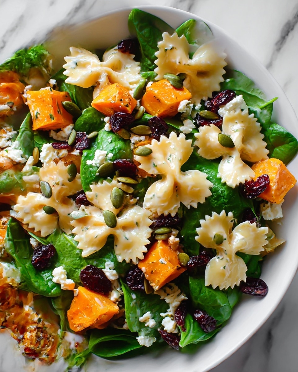 A white bowl filled with a colorful salad layered with fresh green spinach leaves as the base, topped with light beige bowtie pasta scattered evenly throughout. Bright orange roasted sweet potato cubes are spread across the dish along with toasted brown pumpkin seeds. Small pieces of white crumbled cheese and a few dark red dried cranberries add texture and contrast over the top. The bowl rests on a white marbled surface with blurred green pine sprigs placed around. photo taken with an iphone --ar 4:5 --v 7