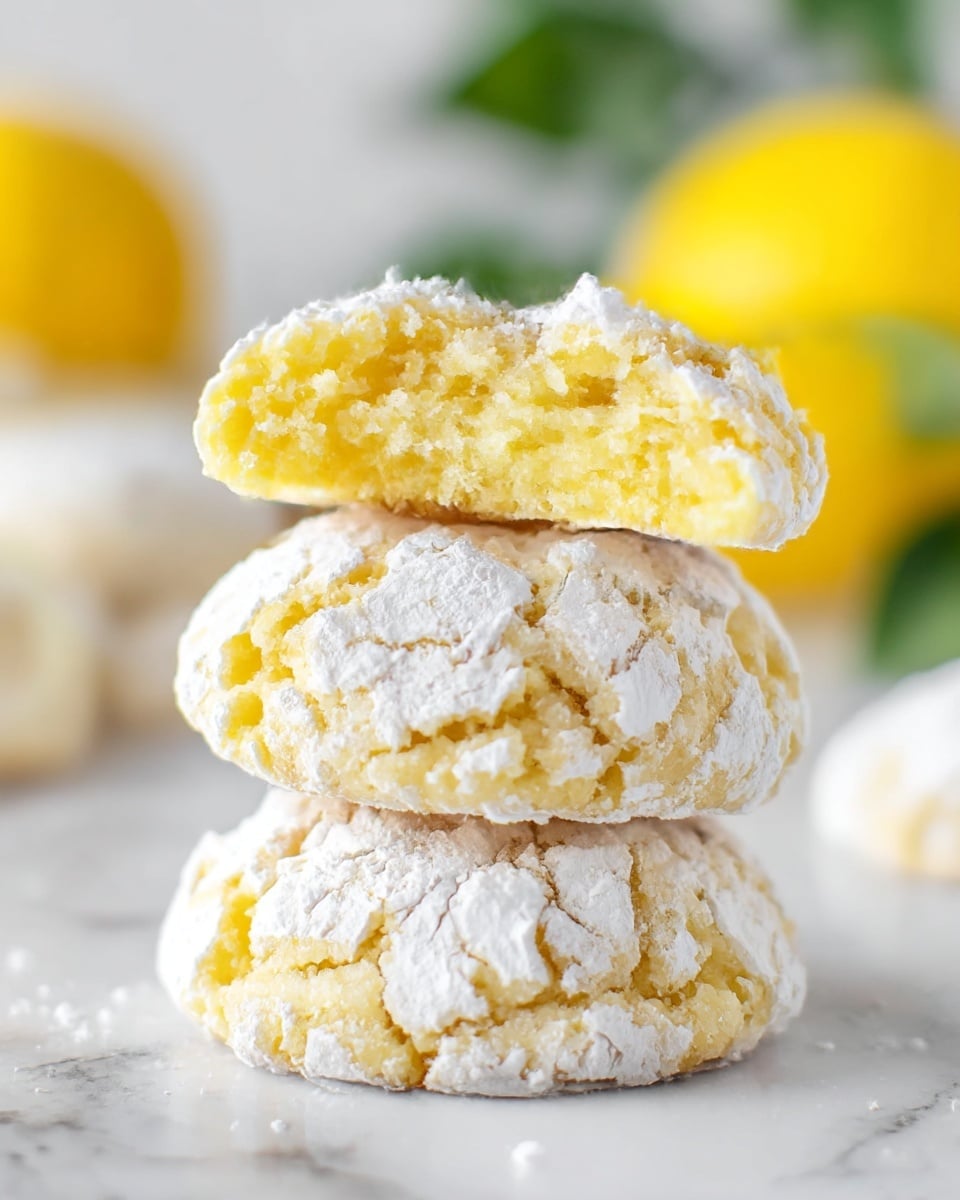 A close-up view of a stack of three lemon cookies on a white marbled surface, each cookie coated with a cracked layer of powdered sugar showing a soft, pale yellow inside; the top cookie is broken in half, revealing its soft, crumbly texture and light yellow color inside, with two whole cookies beneath also dusted with powdered sugar. In the blurred background, there are hints of bright yellow lemons and green foliage, adding a fresh feel to the image. photo taken with an iphone --ar 4:5 --v 7