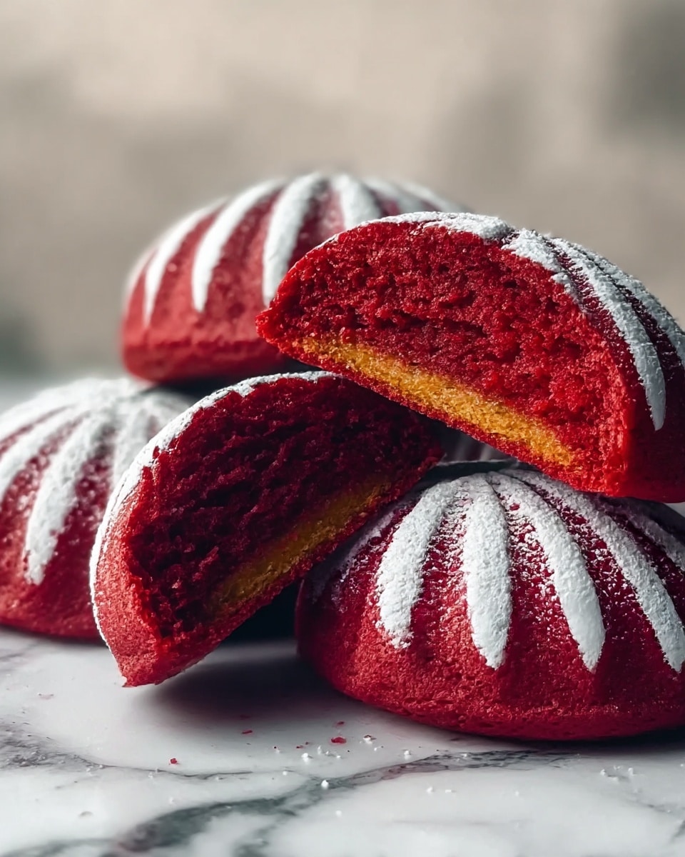 The image shows a group of four round red cakes on a white marbled surface. Three cakes are whole with a dusting of white powdered sugar on top in a striped pattern that creates a petal-like design. One cake is cut in half and placed on top of another, revealing a soft, moist, spongy red interior with a slightly golden bottom layer. The cakes have a smooth, slightly shiny surface under the powdered sugar. The background is soft and blurry in neutral tones. photo taken with an iphone --ar 4:5 --v 7