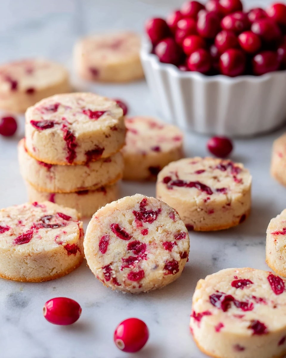The image shows several round shortbread cookies with a light beige base dotted with bright red cranberry pieces, giving a speckled look. The cookies appear slightly crumbly with a rough golden edge and are stacked and spread loosely on a white marbled surface. In the background, there is a white scalloped bowl filled with fresh cranberries, adding a pop of shiny red color. A few loose cranberries are scattered around the cookies, creating a natural and cozy feel. The photo is well-lit, emphasizing the soft texture and the contrast between the pale cookie dough and the vivid cranberries, photo taken with an iphone --ar 4:5 --v 7
