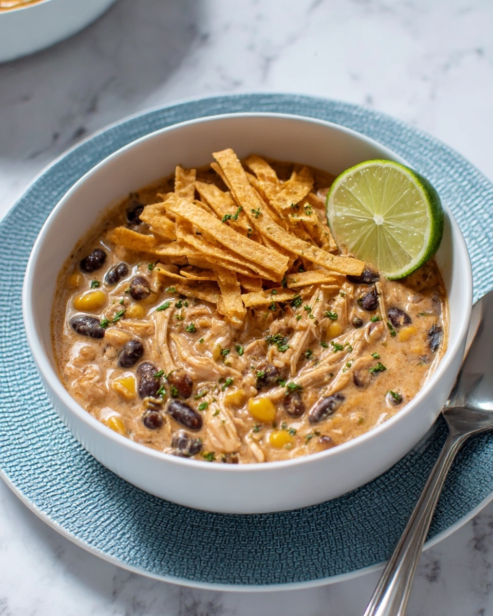 A white bowl filled with creamy stew that has shredded chicken, black beans, and corn, all mixed in a light brown sauce. On top, there are thin, crispy tortilla strips piled on one side, and a slice of lime resting beside them. Small green herb flakes are sprinkled over the stew. The bowl sits on a white plate with a blue textured rim, and there is a silver spoon placed on the plate next to the bowl. The background is a white marbled texture. photo taken with an iphone --ar 4:5 --v 7