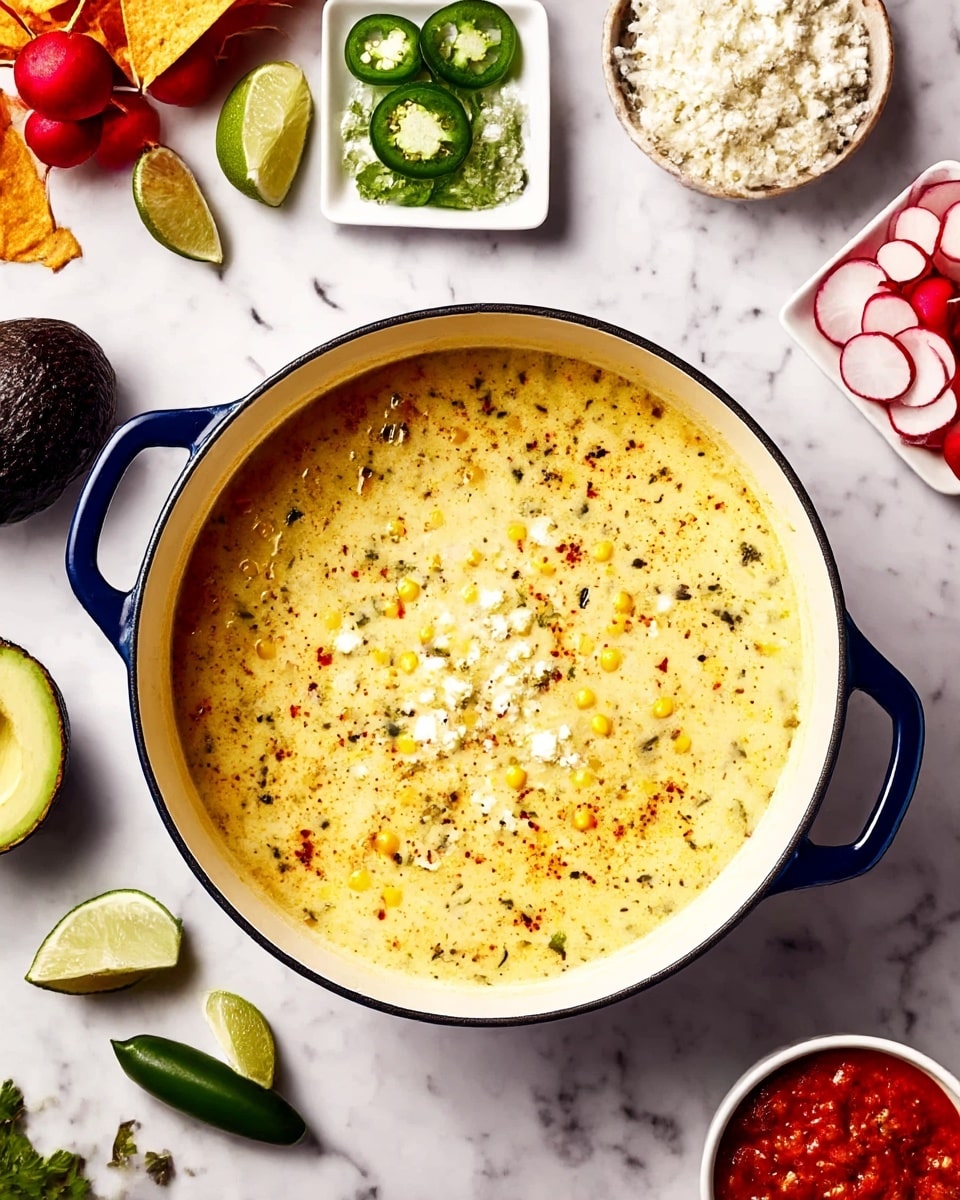 A large white pot with dark blue handles holds a creamy, yellowish soup with visible small chunks of corn and spices floating on the surface, giving it a textured and slightly bubbly look. The pot is placed on a white marbled surface surrounded by small white square dishes with thinly sliced radishes, bright green jalapeño slices, lime wedges, and crumbled white cheese. Half an avocado, whole red radishes, a bowl of red salsa with a rim of tortilla chips, and dark green dried peppers add colorful, fresh contrast around the pot. photo taken with an iphone --ar 4:5 --v 7