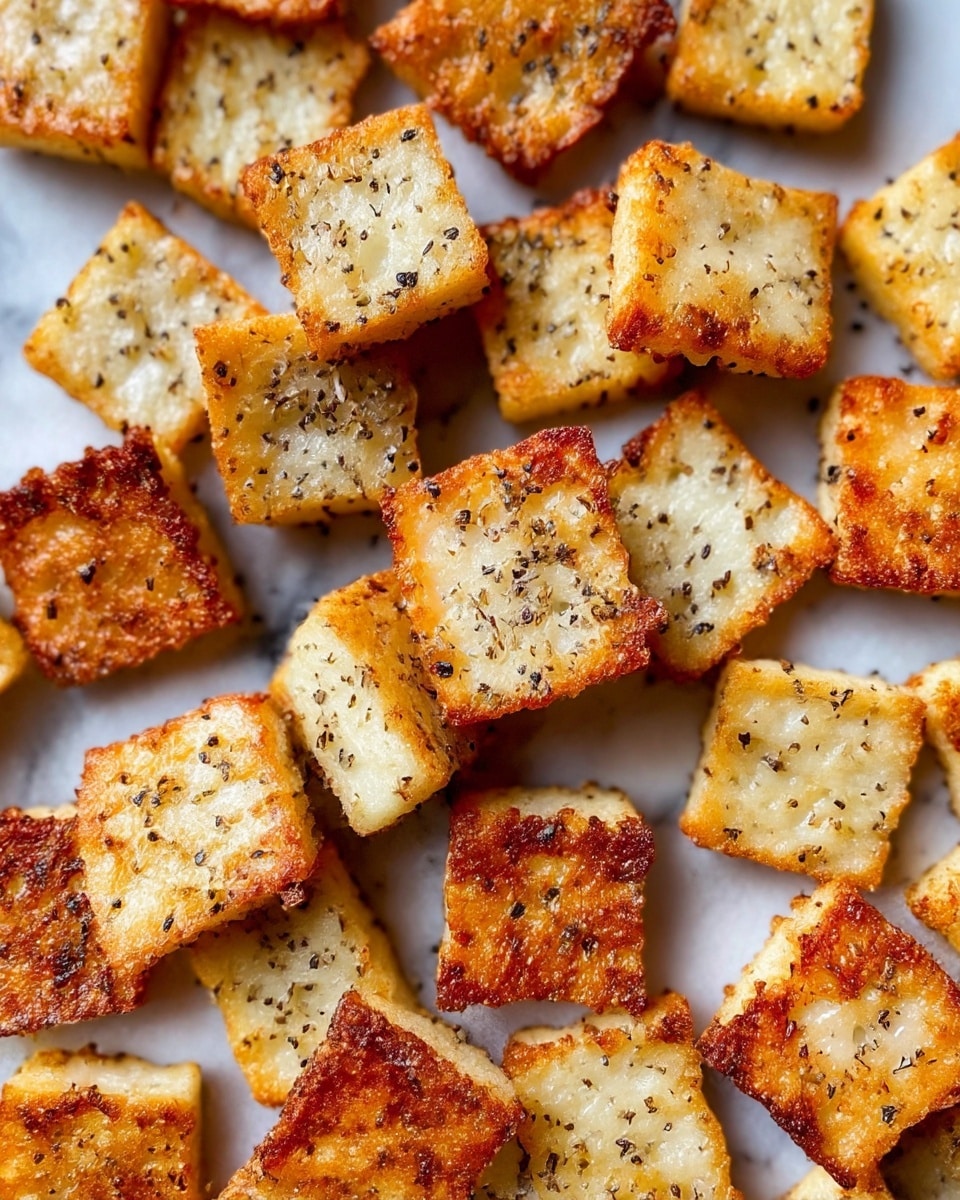 The image shows many small square pieces of food that are golden brown and crispy around the edges, with a slightly soft, white center. Each piece is sprinkled with small black seasoning bits, likely pepper. The pieces lie spread out on a white marbled surface, showing a crunchy texture with some darker, well-cooked spots for contrast. The squares are stacked and overlapped in a casual way, creating a warm and appetizing look. photo taken with an iphone --ar 4:5 --v 7