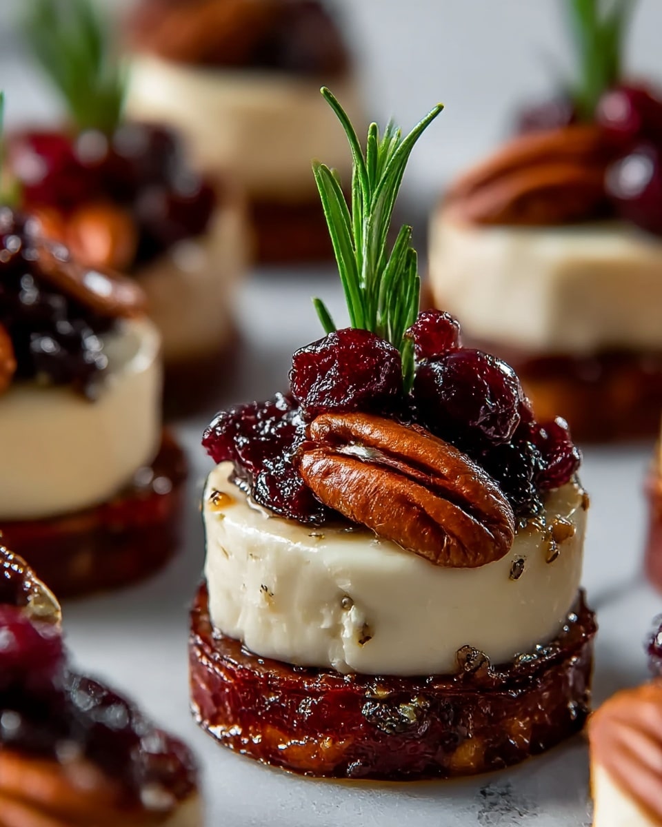 The image shows a close-up of small stacked appetizers arranged neatly on a white marbled surface. Each stack has three layers: the bottom layer is a dark reddish-brown slice that looks crispy, the middle layer is a smooth light cream-colored round of cheese, and the top layer consists of glossy dark red dried cranberries, smooth brown pecan halves, and a small sprig of fresh green rosemary standing upright. The textures include the crispiness of the base, the creaminess of the cheese, and the shiny, slightly wrinkled dried fruits, with the pecans adding a smooth contrast. The stacks are closely placed, giving a rich and fresh look. photo taken with an iphone --ar 4:5 --v 7