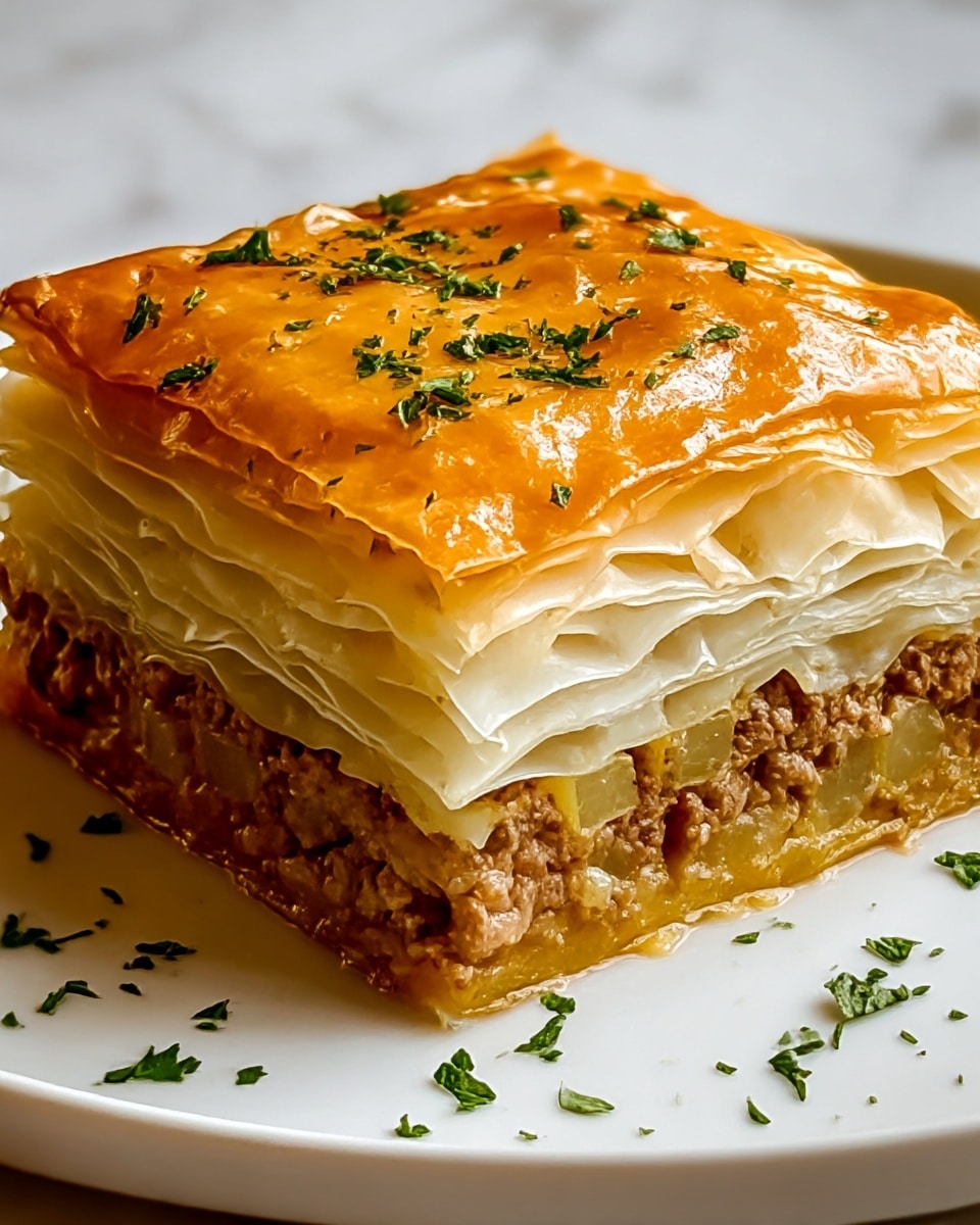 This image shows a square piece of savory pie with multiple layers. The top layer is golden brown, shiny, and flaky, lightly sprinkled with green herbs. Below it are several thin, off-white layers of crisp pastry that look delicate and airy. Underneath the pastry layers sits a thick layer of cooked minced meat mixed with small cubes of light yellow vegetables, all held together by a slightly moist base layer that appears soft and golden. The dish is placed on a white plate, with small bits of green herb scattered around it on a white marbled surface. Photo taken with an iphone --ar 4:5 --v 7
