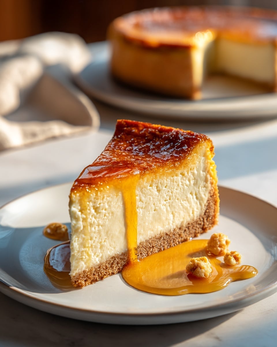 A thick slice of cheesecake with three layers sits on a white plate: the bottom layer is a light brown crumbly crust, the middle layer is a thick, creamy off-white filling with a smooth texture, and the top layer is a shiny, golden caramelized surface with a slightly darker edge. Golden caramel sauce drips down the sides of the cheesecake slice, pooling on the plate along with small light brown nut pieces scattered around. In the blurred background, the rest of the round cheesecake is visible on a white plate, all set on a white marbled surface with warm natural light coming from the side. photo taken with an iphone --ar 4:5 --v 7