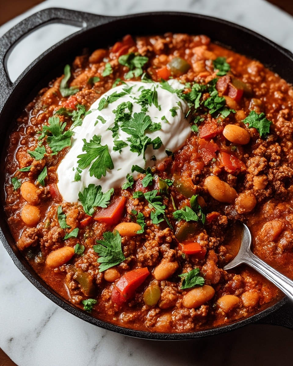 The dish is a thick chili served in a black cast iron pan placed on a white marbled surface. The chili has a rich, chunky texture with visible layers of ground beef in reddish-brown sauce, white beans, and pieces of red and green bell peppers mixed in. On top, there is a dollop of white sour cream, sprinkled with bright green fresh cilantro leaves. A silver spoon rests inside the pan on the right side, partially dipped into the chili, adding a shiny detail. photo taken with an iphone --ar 4:5 --v 7