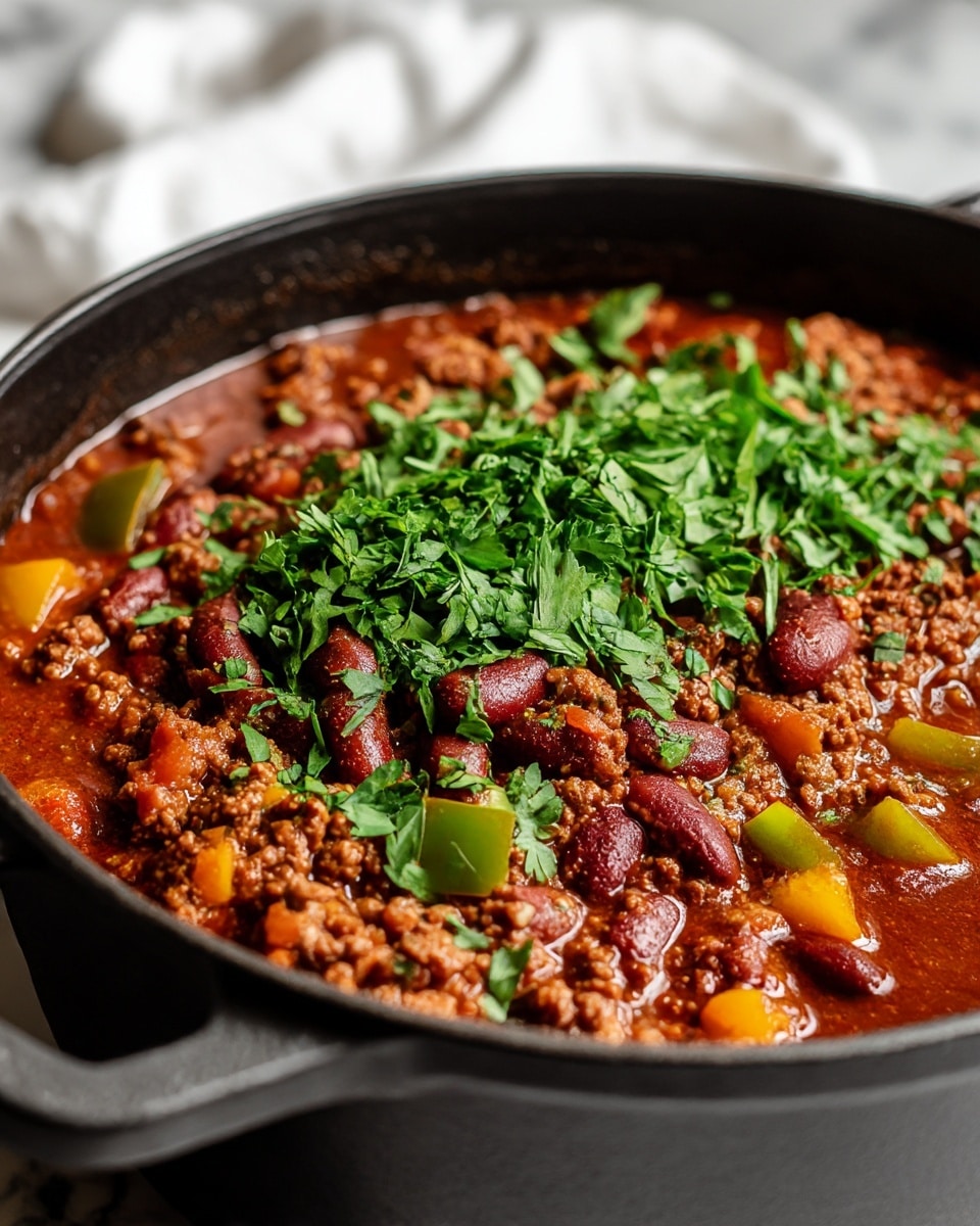 A close-up image of a black pot filled with three main layers: the bottom layer is a rich, dark red stew-like sauce; the middle layer is a chunky mix of browned ground meat, red kidney beans, and diced green and yellow bell peppers; the top layer is sprinkled with fresh, rough chopped green herbs, adding a touch of brightness and texture. The pot sits on a white marbled surface with a white cloth blurred in the background. photo taken with an iphone --ar 4:5 --v 7