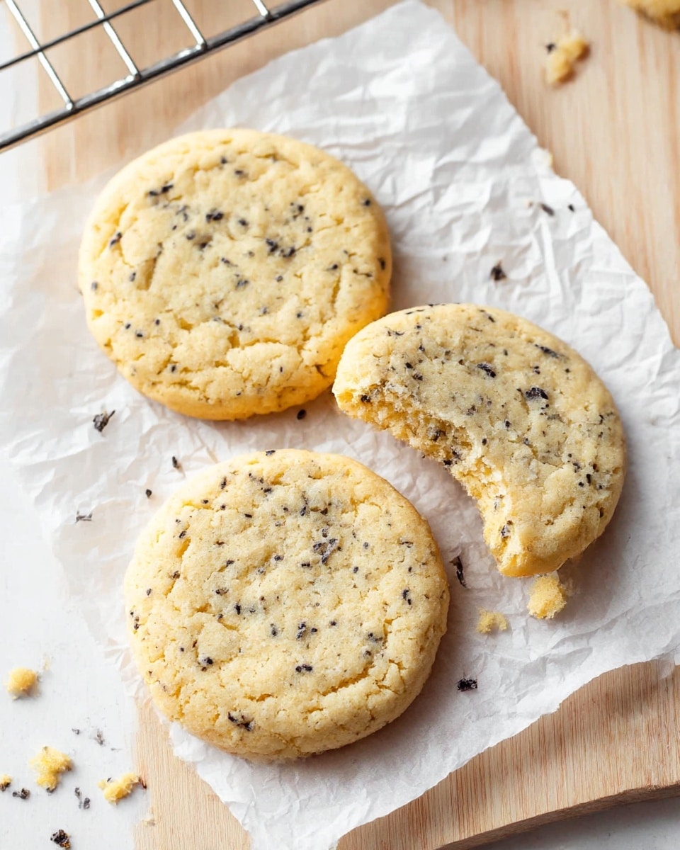 The image shows three round cookies with a light golden color and small black specks scattered evenly throughout the dough. The cookies have a soft, slightly crinkled texture on the surface, with one cookie showing a bitten edge revealing a chewy inside with more black specks. They are placed on a white crumpled parchment paper over a light wooden board, with part of a metallic cooling rack visible in the background. Small cookie crumbs are scattered around, adding to the fresh-baked feel. The overall scene is bright and simple. photo taken with an iphone --ar 4:5 --v 7