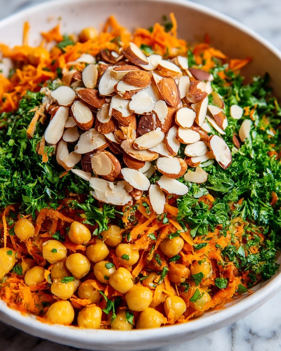A close-up view of a bowl filled with a colorful salad made of three main layers. The bottom layer is shredded bright orange carrots mixed with golden chickpeas, scattered evenly through the bowl. The middle layer features chopped fresh green parsley adding a fresh texture and color. The top layer is a generous sprinkle of sliced almonds, showing a mix of cream and brown colors, sitting in the center of the dish. The bowl is white and placed on a white marbled texture surface. photo taken with an iphone --ar 4:5 --v 7