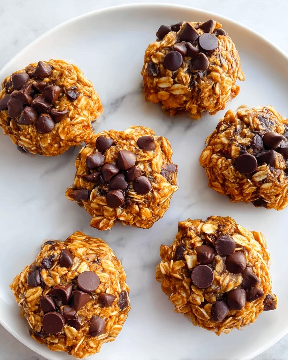 The image shows six round oatmeal cookies with chocolate chips on a white plate. Each cookie is thick and chunky with a rough texture, featuring a mix of golden-brown oats and dark brown chocolate chips spread throughout. The cookies have a slightly uneven surface with some oats sticking out, and they vary a little in shape but are mostly circular. The plate sits on a white marbled surface, adding a clean and bright look to the presentation. Photo taken with an iphone --ar 4:5 --v 7