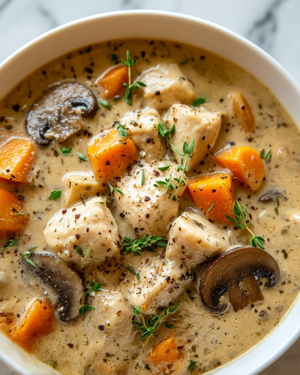 A close-up view of a white bowl filled with creamy chicken stew, showing three main layers: at the base, thick beige-colored sauce with a smooth texture; in the middle, chunks of white chicken with light browning on the edges, orange carrot pieces, and sliced brown mushrooms scattered evenly. Small green herbs and black pepper flakes are sprinkled on top, adding color and texture contrast. The bowl is placed on a white marbled surface. photo taken with an iphone --ar 4:5 --v 7