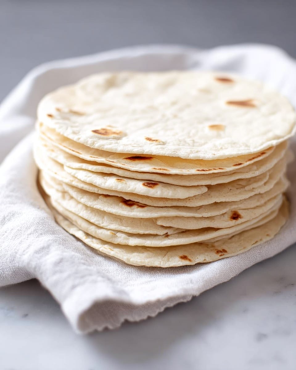 A stack of eight soft, light beige tortillas with small brown toasted spots is placed on a white cloth napkin, which lies on a white marbled surface. The tortillas are layered evenly, each showing a thin round shape with slightly uneven edges. The background is blurred with soft gray and white tones, giving the image a clean and fresh look. photo taken with an iphone --ar 4:5 --v 7