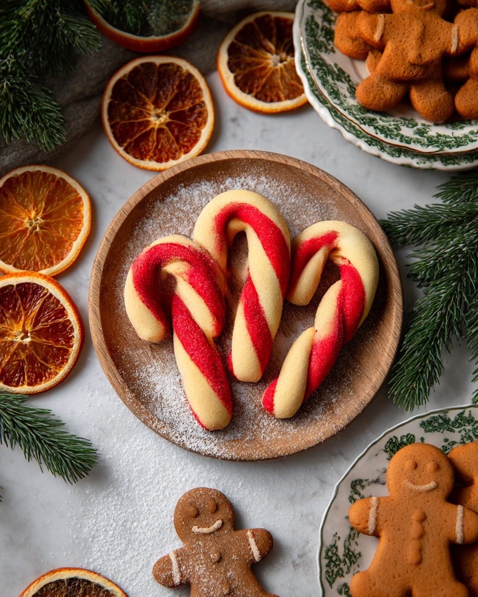 The image shows a small round wooden plate holding four twisted candy cane shaped cookies, each made of two layers of dough—one bright red and the other light beige—twisted together to create a striped look. The plate sits on a white marbled surface dusted with powdered sugar and decorated with green fir branches. Around the plate, there are large round slices of dried orange with a deep orange color, some gingerbread cookies shaped like gingerbread men that have a rich brown color with a dusting of powdered sugar, and a vintage white plate with a green pattern stacked with more dried orange slices. photo taken with an iphone --ar 4:5 --v 7