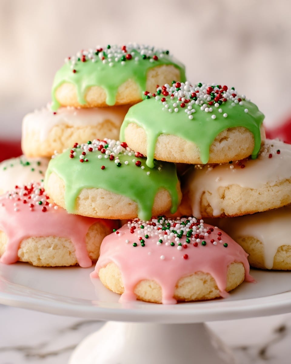 A white cake stand holds a stack of six round cookies with three different colored icing layers dripping down the sides: bright green, soft pink, and creamy white. Each cookie is thick and fluffy with a light golden color beneath the icing. The icing layers are smooth with a slightly glossy finish and are topped with small round sprinkles in red, green, and white evenly scattered over the surface. The cookies are arranged closely together, some overlapping, on the white cake stand, which sits on a surface with a white marbled texture that is partially visible in the background. Photo taken with an iphone --ar 4:5 --v 7