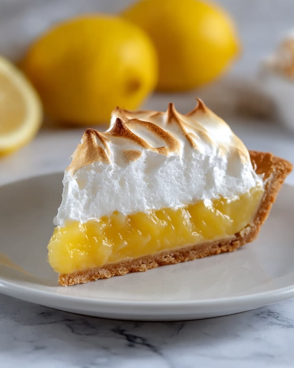 A close-up of a slice of lemon meringue pie on a white plate, showing three layers: a light brown, crumbly crust at the bottom, a thick, bright yellow lemon filling in the middle with a glossy, slightly chunky texture, and a fluffy, white meringue topping with golden-brown toasted peaks. Two whole lemons are blurred in the background on a white marbled surface with soft natural lighting. Photo taken with an iphone --ar 4:5 --v 7