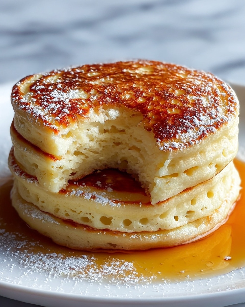 A stack of three thick, fluffy pancakes sits at the center of a white plate on a white marbled surface. The top pancake is golden brown with a slightly crispy texture and a bite taken out of the side, showing its airy, soft inside. Powdered sugar is sprinkled on top and around the stack, while syrup pools gently at the base, reflecting light and adding a warm amber color. The pancakes have a light yellow-white color with small holes visible on the sides, giving a smooth yet porous texture. photo taken with an iphone --ar 4:5 --v 7