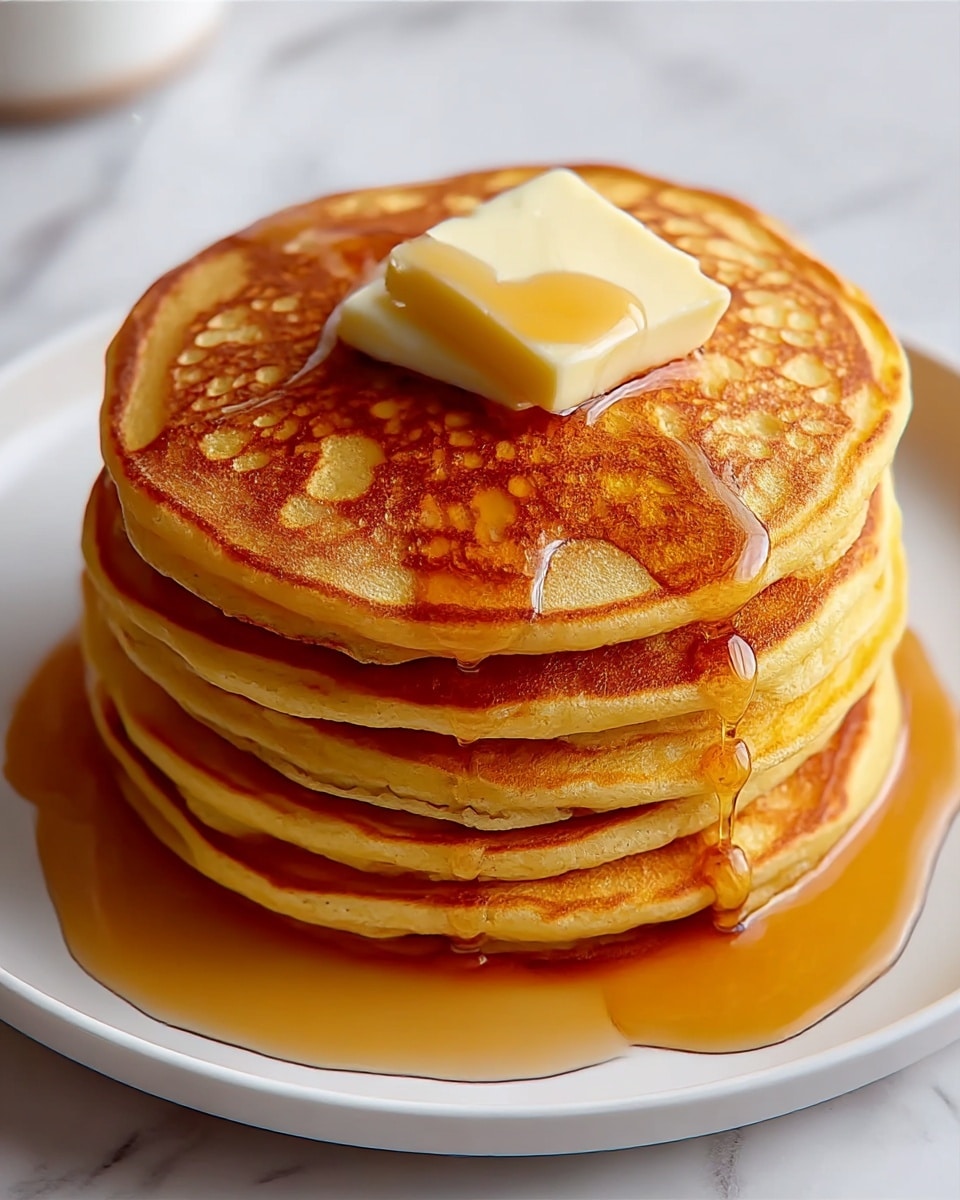 A stack of five thick golden brown pancakes sits in the center of a white plate on a white marbled surface. The pancakes show a textured surface with light and darker spots. On top, a square pat of pale yellow butter rests slightly melting, while amber syrup is poured over the stack, running down the sides and pooling softly. The edges of the pancakes are slightly crisp and evenly browned. Photo taken with an iphone --ar 4:5 --v 7