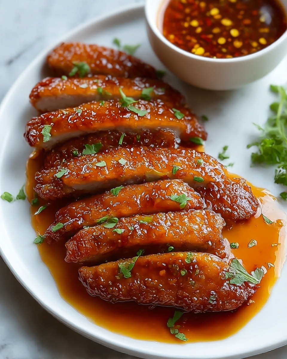 The image shows a white plate with several slices of golden-brown, glazed meat arranged in a slightly overlapping row, each slice covered in a shiny, sticky sauce with textural crispiness on the edges. The sauce pools around the meat, creating a rich amber base on the plate. Small green herb leaves are scattered on top and around the meat, adding bright green color contrast. At the upper right of the plate, there is a white bowl filled with a thick, reddish-brown dipping sauce speckled with tiny yellow and green bits. The whole setting rests on a white marbled textured surface. photo taken with an iphone --ar 4:5 --v 7