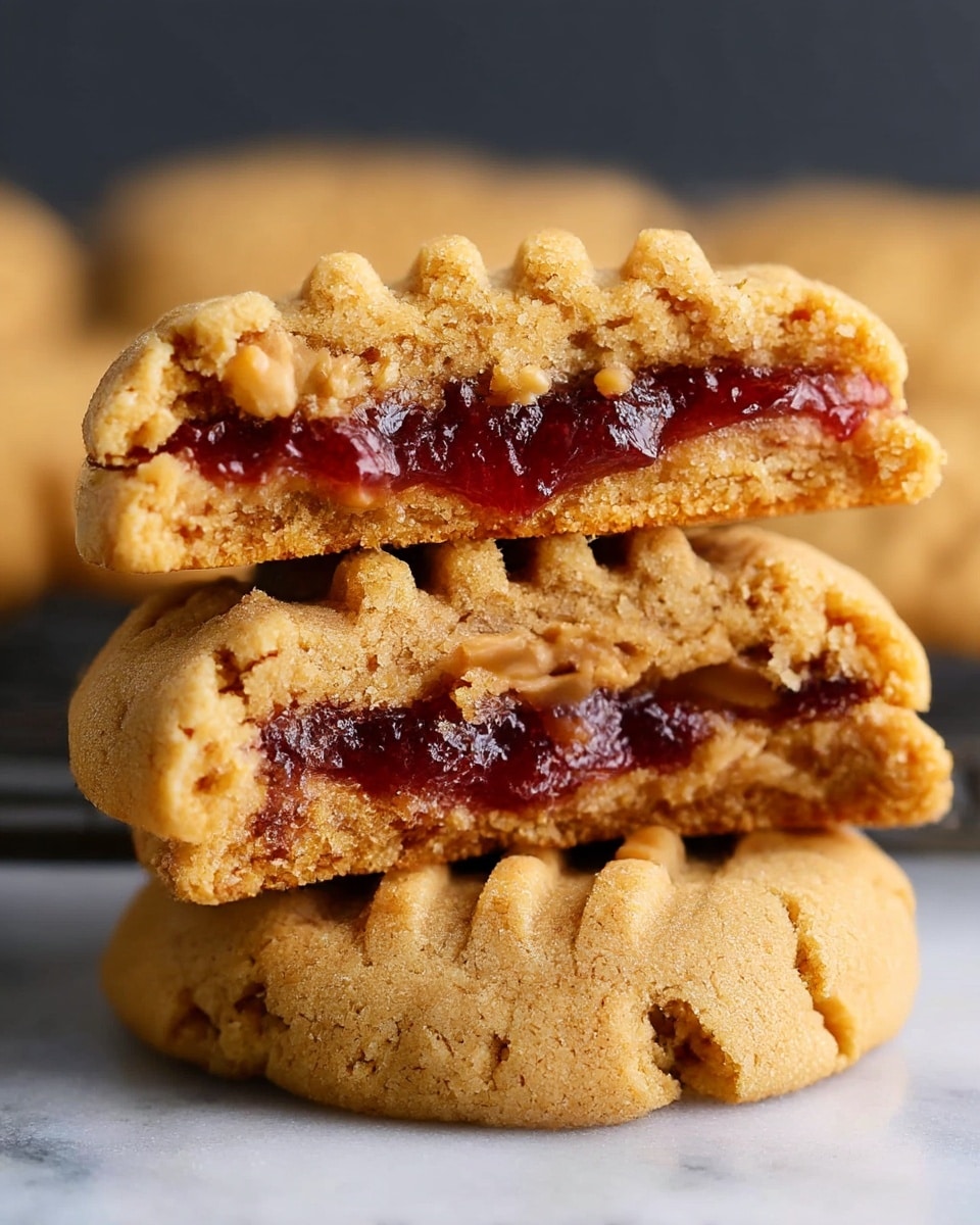 The image shows close-up of two peanut butter cookies stacked with one cut in half on top, revealing a soft, crumbly golden-brown outer layer with a smooth peanut butter texture, and a dark red jelly filling in the center, making a clear contrast between the sweet peanut butter color and the shiny deep red of the jelly. The cookies have a fork-pressed pattern on top, arranged against a blurred background with warm tones, placed on a white marbled surface. Photo taken with an iphone --ar 4:5 --v 7