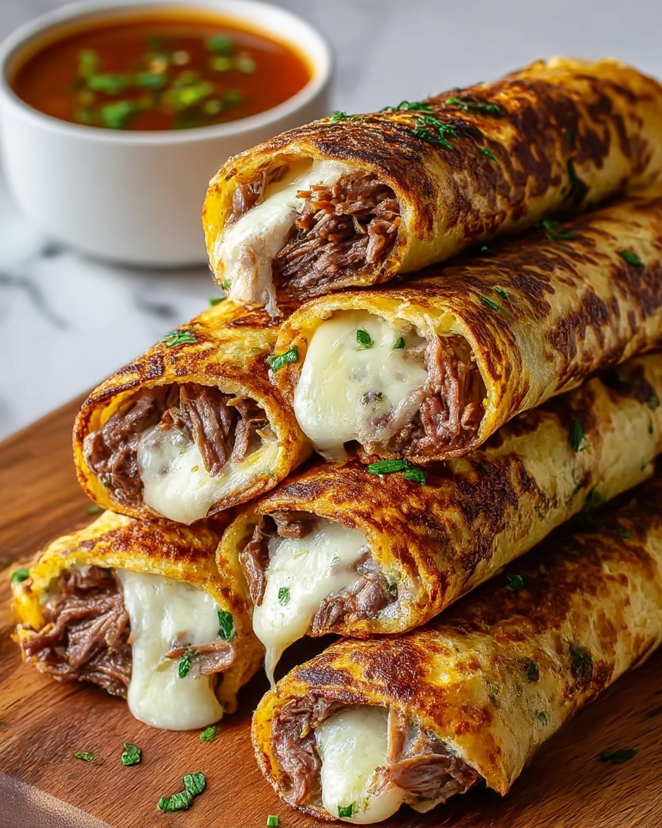 A close-up view of five rolled pancakes stacked on a wooden board, each pancake with a golden brown, slightly crispy outer layer speckled with char marks, filled with two visible layers: a melted white cheese layer oozing gently from the edges and shredded brown meat, all sprinkled with chopped green herbs. In the background, out of focus, there is a small white bowl filled with reddish dipping sauce garnished with green flecks. The scene is bright, richly textured, and inviting, set against a white marbled texture. photo taken with an iphone --ar 4:5 --v 7