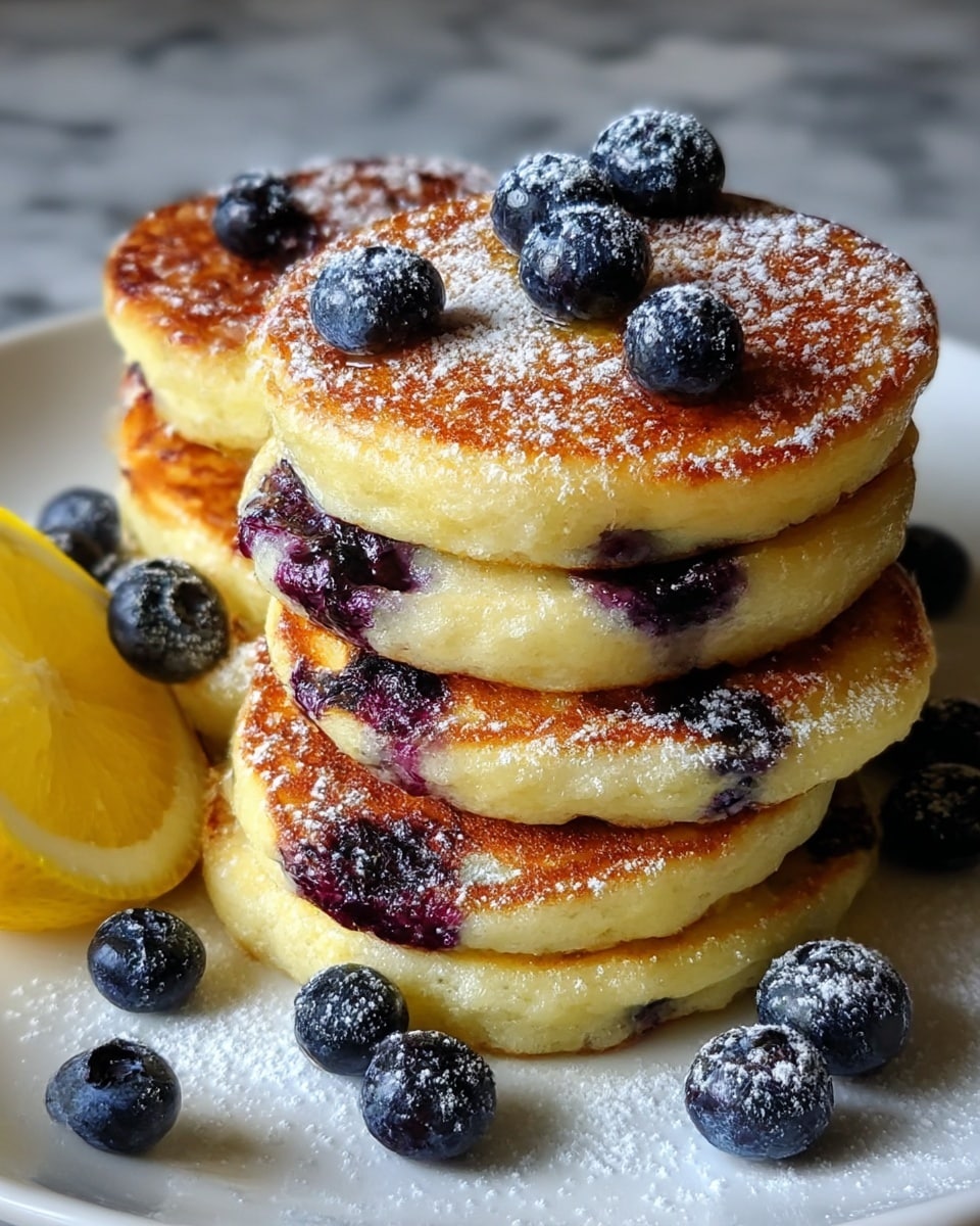 A stack of six thick, round blueberry pancakes sits on a white plate, each pancake showing a golden brown, slightly crispy top with visible blueberries cooked inside that burst with dark purple juice. Fresh blueberries are scattered on top and around the pancakes, dusted with a light sprinkle of powdered sugar giving a soft white contrast. At the back of the plate, there is a bright yellow lemon wedge adding a fresh splash of color. The setting is on a white marbled texture surface. Photo taken with an iphone --ar 4:5 --v 7