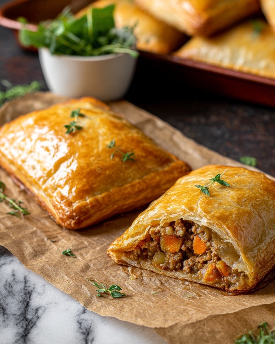 The image shows two golden-brown rectangular pastries with a shiny, flaky crust on a piece of brown parchment paper. One pastry is whole, topped with small green herb sprigs scattered on it. The other pastry is cut open, revealing a layered filling inside with textures and colors of cooked ground meat mixed with small orange carrot pieces and bits of green herbs. Behind the pastries, there is a small white bowl filled with fresh green herbs, and part of a brown tray with more pastries blurred in the background. The surface under the parchment paper is dark but changed to a white marbled texture. photo taken with an iphone --ar 4:5 --v 7