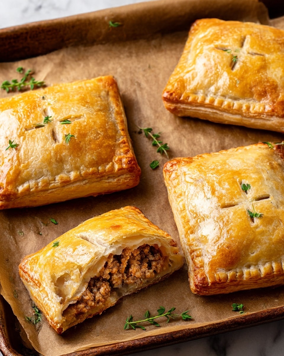 A close-up view of five golden brown square meat pies with flaky crusts sitting on brown parchment paper atop a baking tray, each pie topped with small green herb leaves scattered lightly. One pie is cut in half revealing a dense, finely minced brown meat filling inside, showing two layers: the outer crust layer with a shiny, crisp texture and the inner moist meat filling. The edges of the pies are crimped, and small slits on top allow steam to escape, with a few herbs sprinkled around the tray. The background features a white marbled texture. photo taken with an iphone --ar 4:5 --v 7
