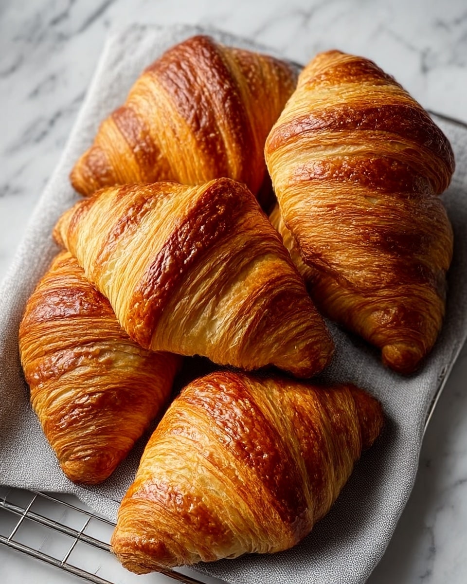Five golden brown croissants rest closely together on a gray cloth that covers a metal rack. The croissants have well-defined, flaky layers with a shiny, slightly darker top crust showing a crisp texture. Each croissant displays the classic crescent shape with layers gently curved and some parts puffed up, revealing soft, light inner dough. The scene is set on a white marbled surface with soft natural light highlighting the contrast between the crisp exterior and soft inside. photo taken with an iphone --ar 4:5 --v 7