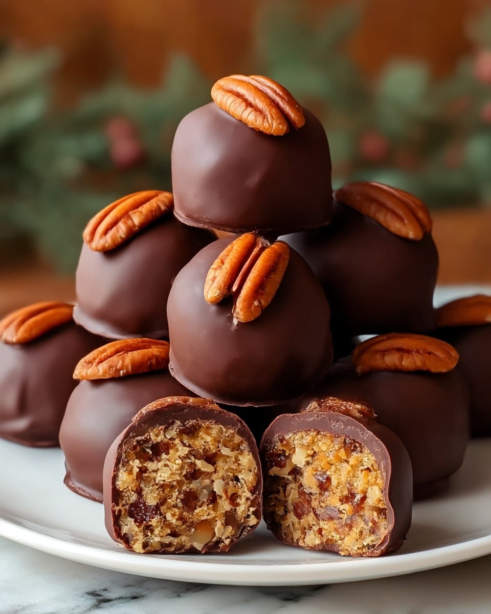 A white plate holds a stack of seven round chocolate truffles with a smooth, shiny dark brown chocolate coating. Each truffle has a single pecan half pressed on top, showing a rich orange-brown, textured nut. Two truffles are cut in half at the front, revealing a dense, golden-brown filling mixed with small pieces of pecan, giving a crunchy and chewy inside. The plate sits on a white marbled surface, and the background is softly blurred with warm brown and green tones. photo taken with an iphone --ar 4:5 --v 7
