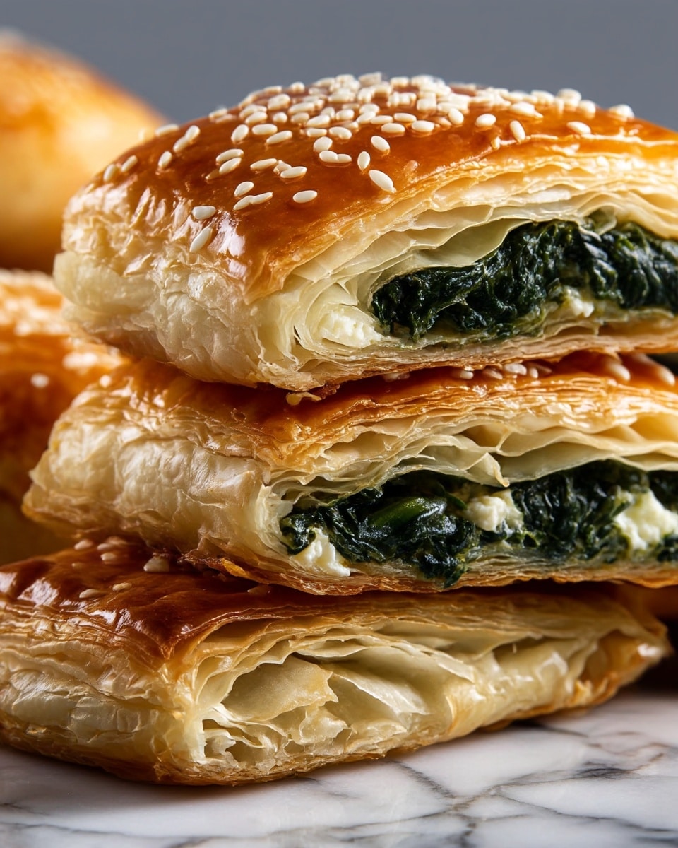 A close-up of a golden-brown puff pastry filled with three distinct layers: the top layer is shiny, glazed pastry sprinkled with white sesame seeds, the middle layer shows thin, flaky pastry sheets, and the bottom layer reveals a dark green spinach filling mixed with creamy white cheese. The pastry is stacked, with one piece resting on another, placed on a surface with a white marbled texture in the background. The textures range from crispy at the edges to soft and creamy inside, giving a rich and fresh look. Photo taken with an iphone --ar 4:5 --v 7