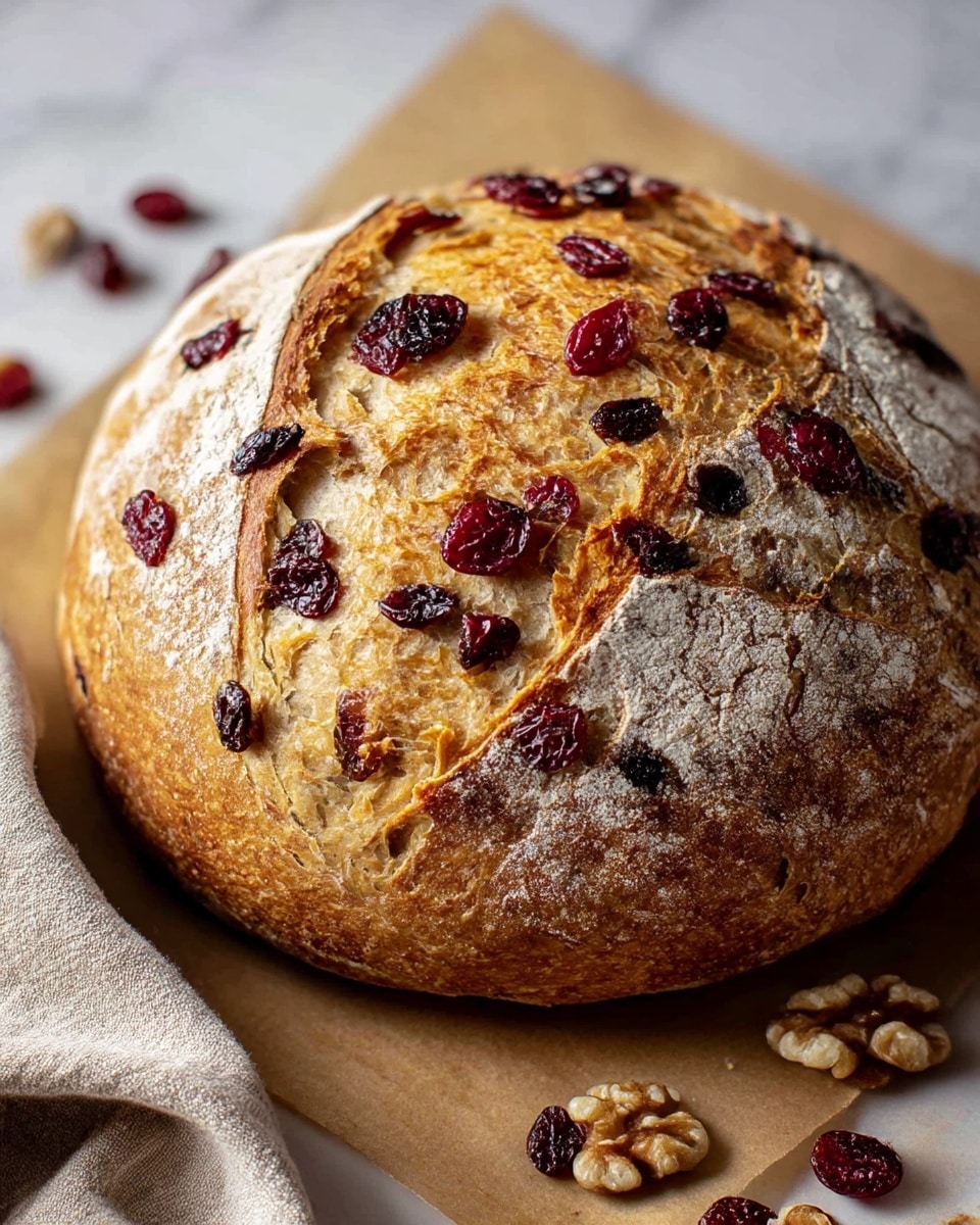 A round loaf of bread with a golden-brown crust sits on brown parchment paper over a white marbled surface. The crust is rough and crunchy, with patches of white flour dusting its surface. Embedded inside and visible on top are dried red cranberries and dark raisins, adding pops of deep red and black color to the bread. Scattered around the loaf are walnut pieces and more dried cranberries. At the lower left corner, a folded beige cloth is partially visible. Photo taken with an iphone --ar 4:5 --v 7